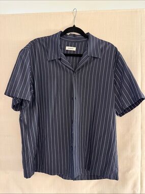Sandro Navy Blue Pinstripe Short-Sleeve Button-Up Shirt